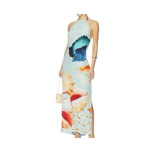 Muma World Murex Mist Vega Dress Baby Blue Halter Maxi Seashell Print Sz L